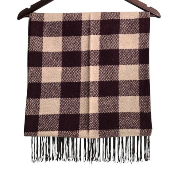 Ralph Lauren Burgundy Plaid Wool Fringe Scarf - Picture 3 of 5